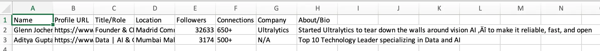 Excel sheet containing the information from WebBridge