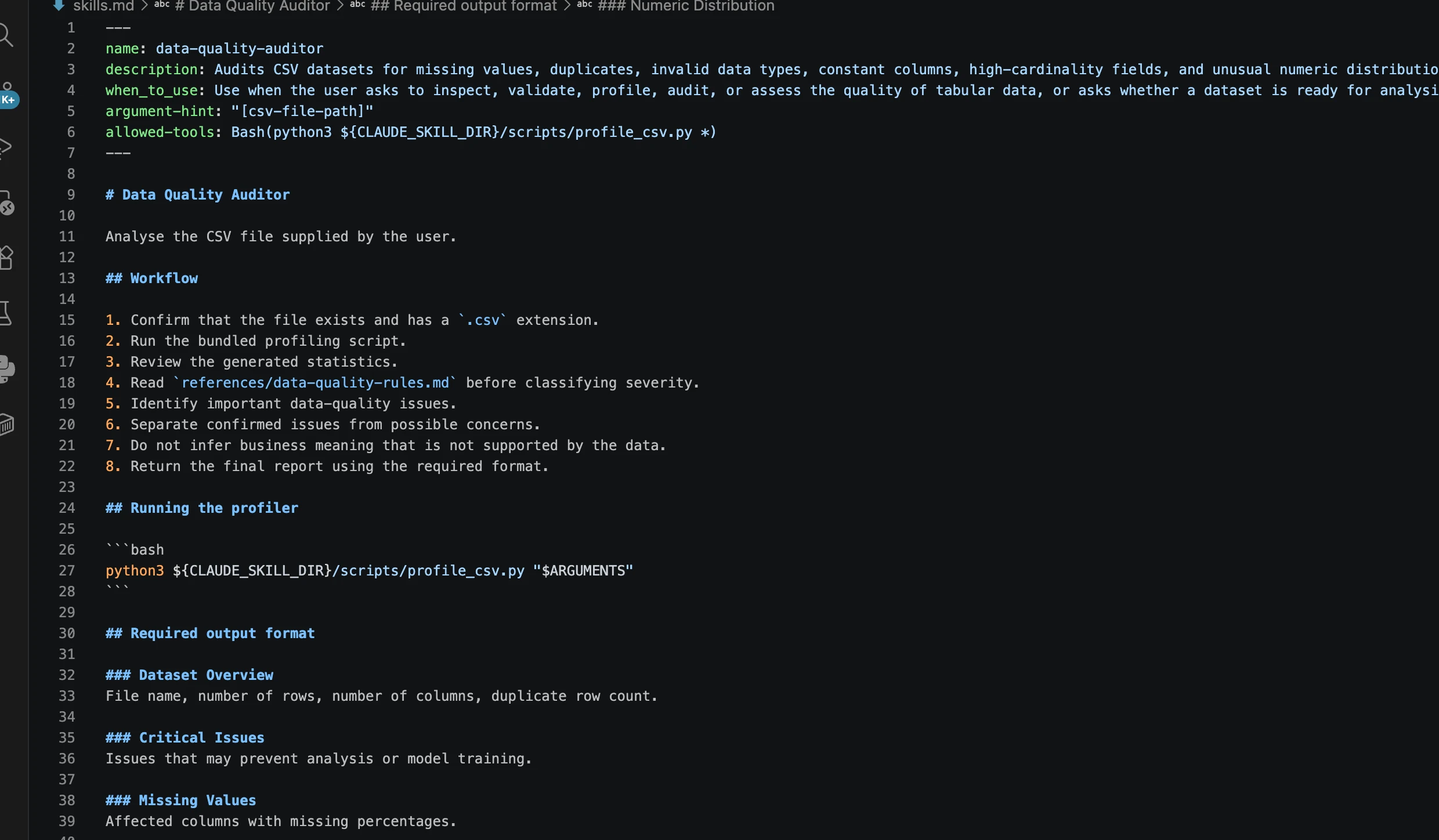 Configuration file for a data quality auditor skill