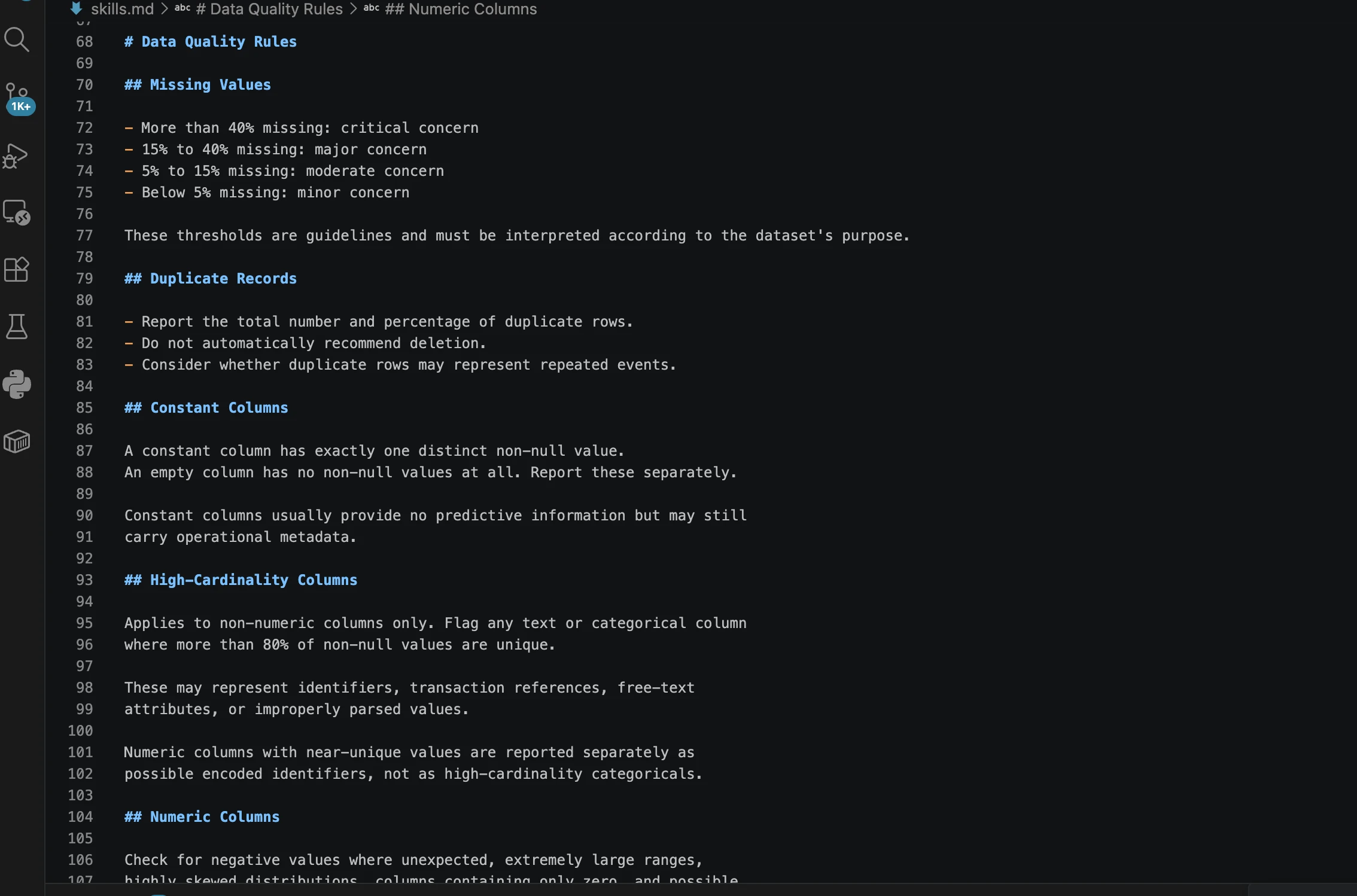 Markdown code block defining data quality rules for missing values
