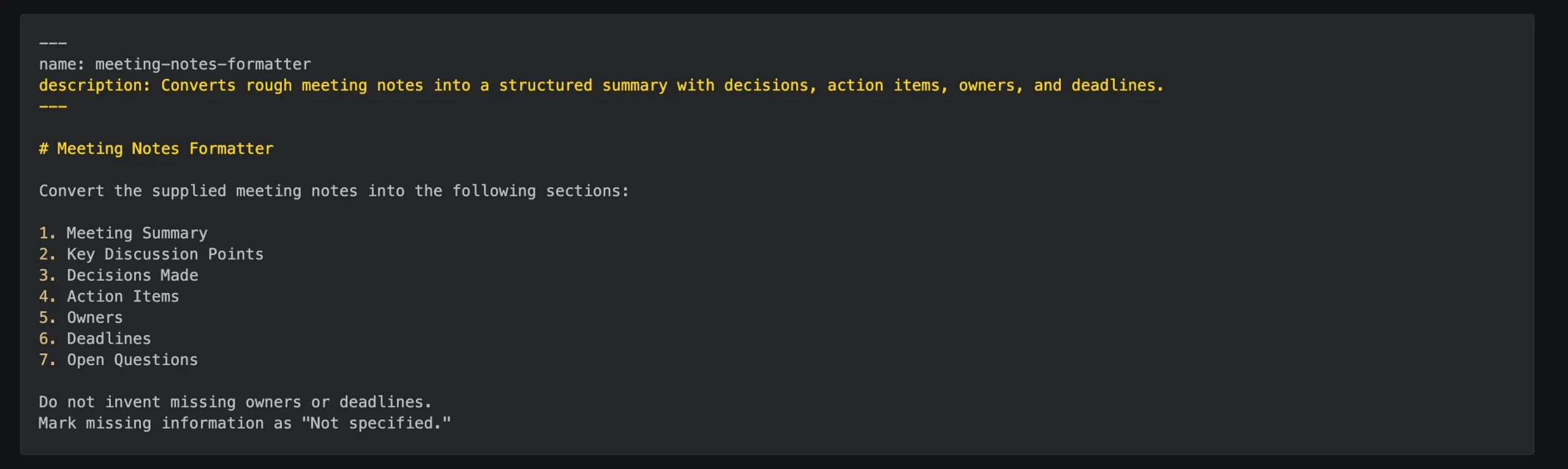 Meeting notes formatter configuration and instructions in code format
