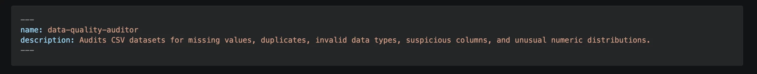 YAML metadata for data-quality-auditor skill
