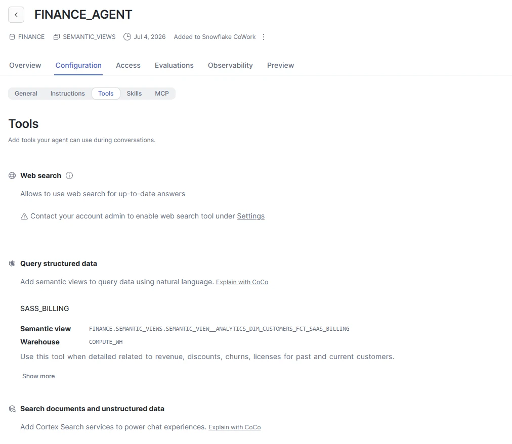 Finance agent tool configuration settings