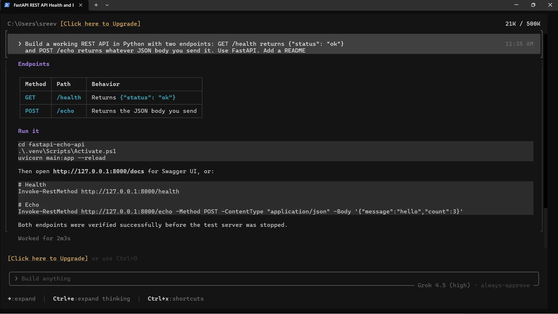 POST /echo returns whatever JSON body you send it