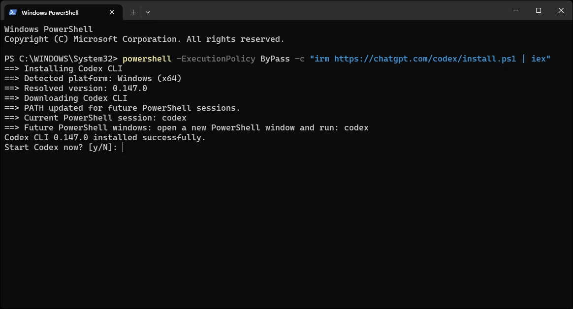Windows PowerShell showing Codex CLI installed successfully and added to PATH.