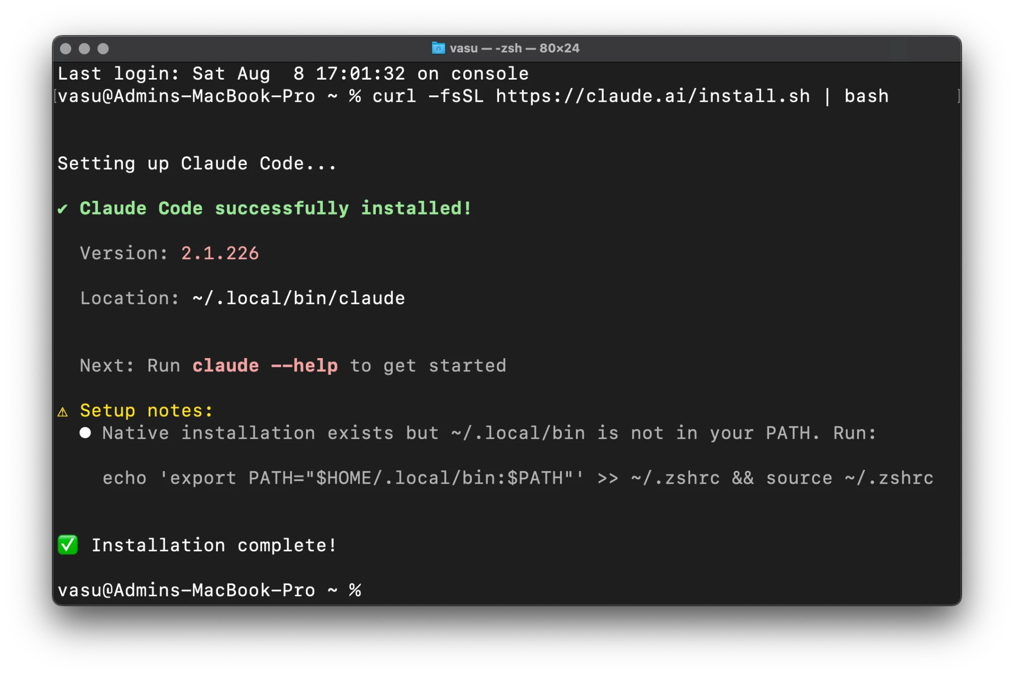 Terminal output confirming successful Claude Code installation