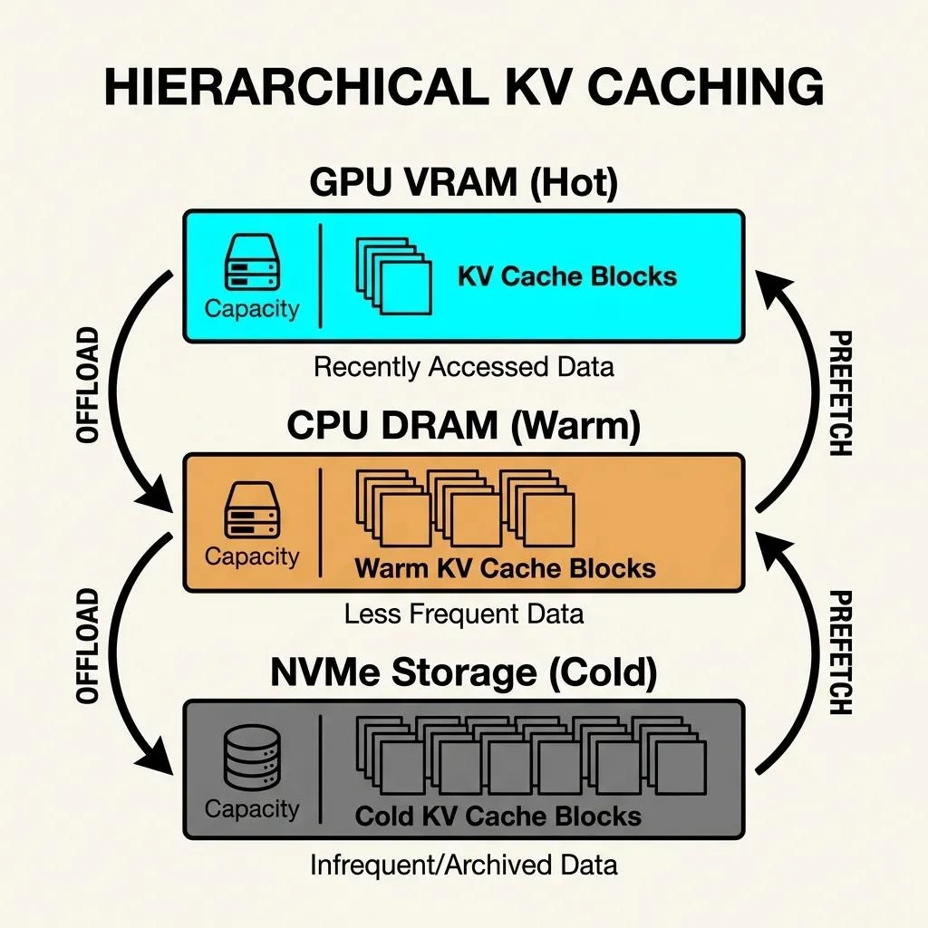 Hierarchical storage levels for KV cache blocks