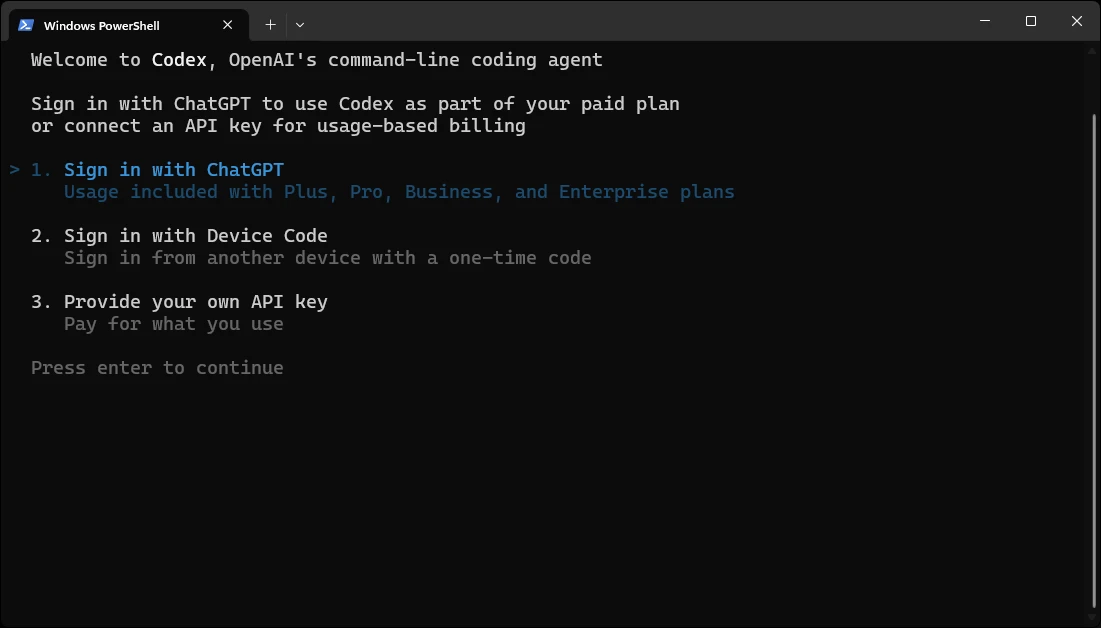 Codex CLI first-run menu with ChatGPT, device code, and API key authentication options.