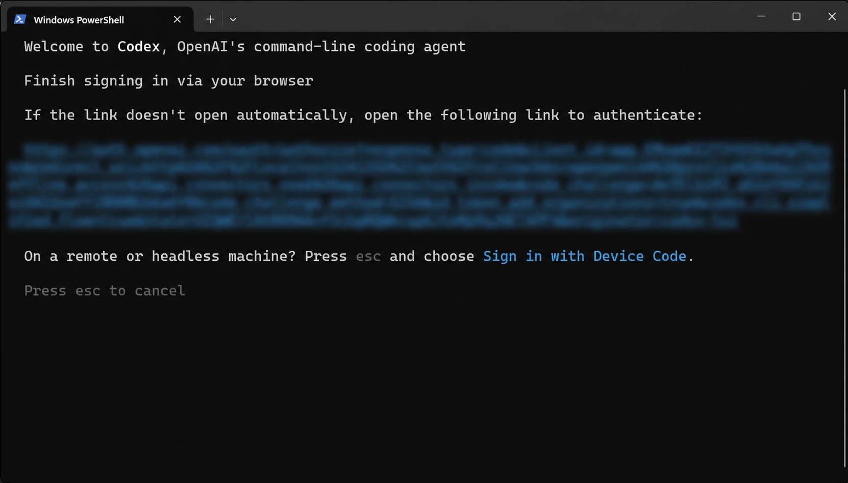 PowerShell showing the Codex browser authentication handoff with the sensitive OAuth URL strongly blurred.