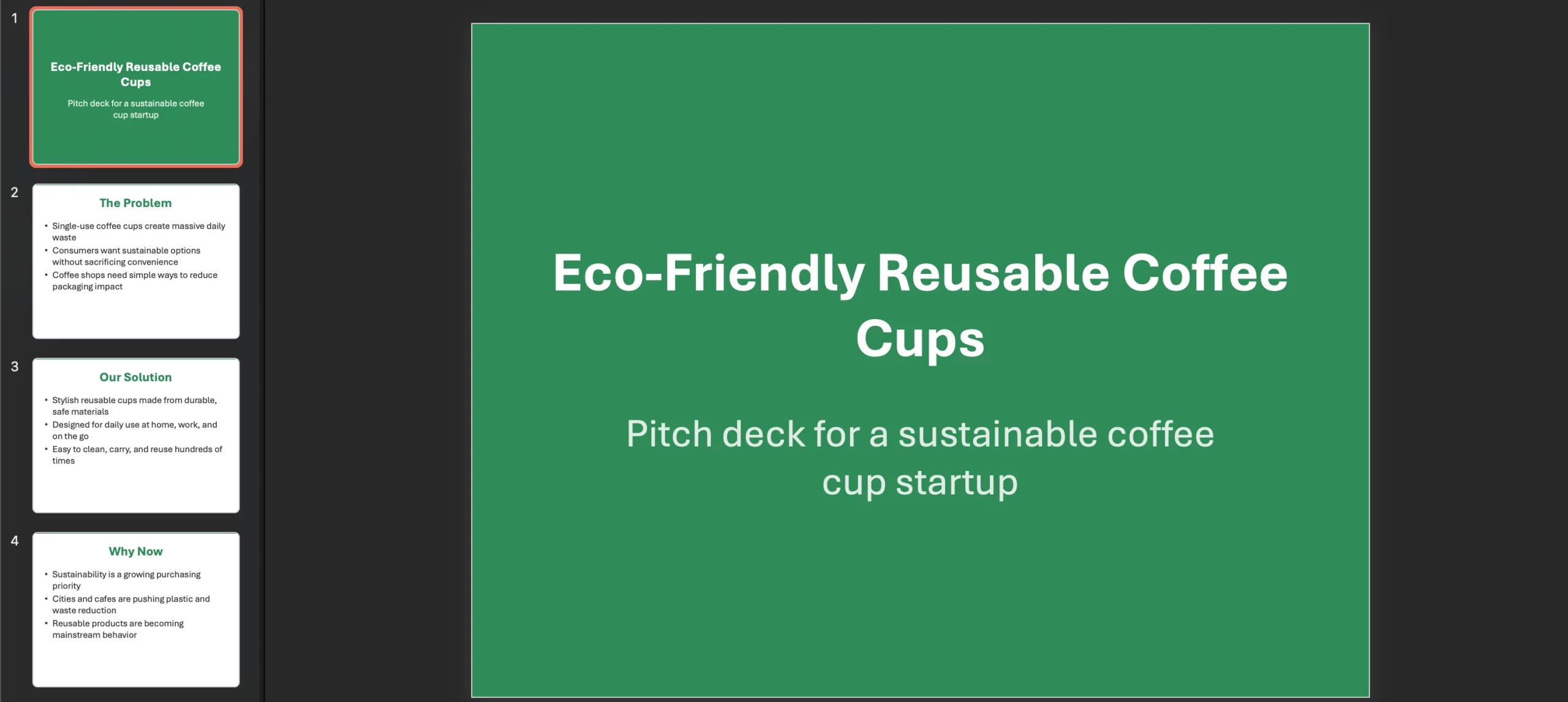 Presentation slides for a reusable coffee cup startup
