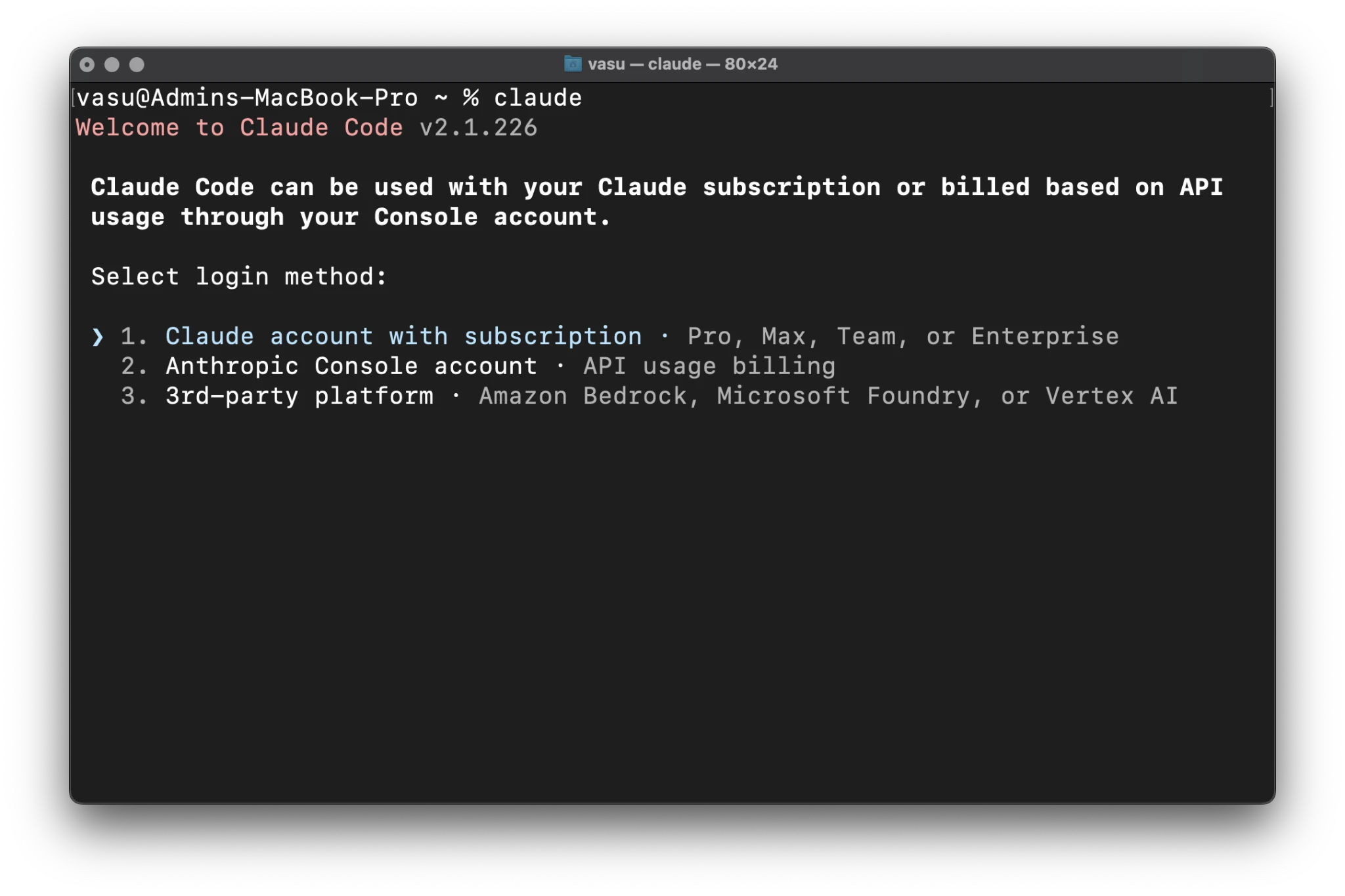 Claude Code login method selection menu