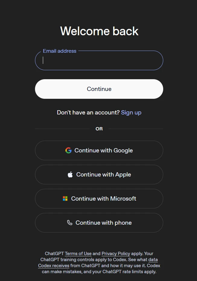 ChatGPT sign-in screen opened by the Codex CLI browser authentication flow.