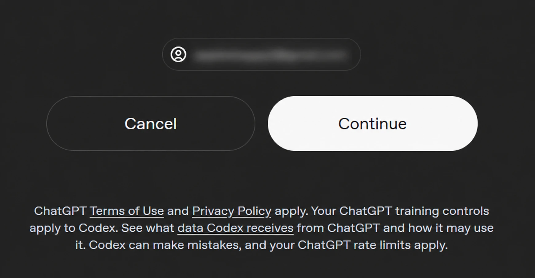 ChatGPT account confirmation screen with the user's email address strongly blurred.