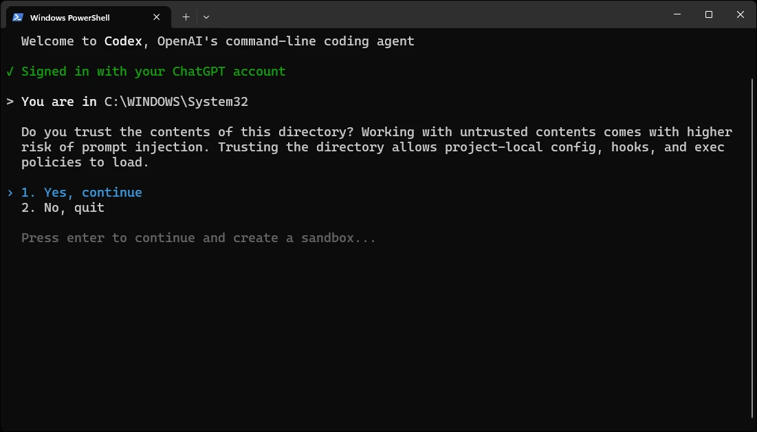 Directory trust prompt for Codex
