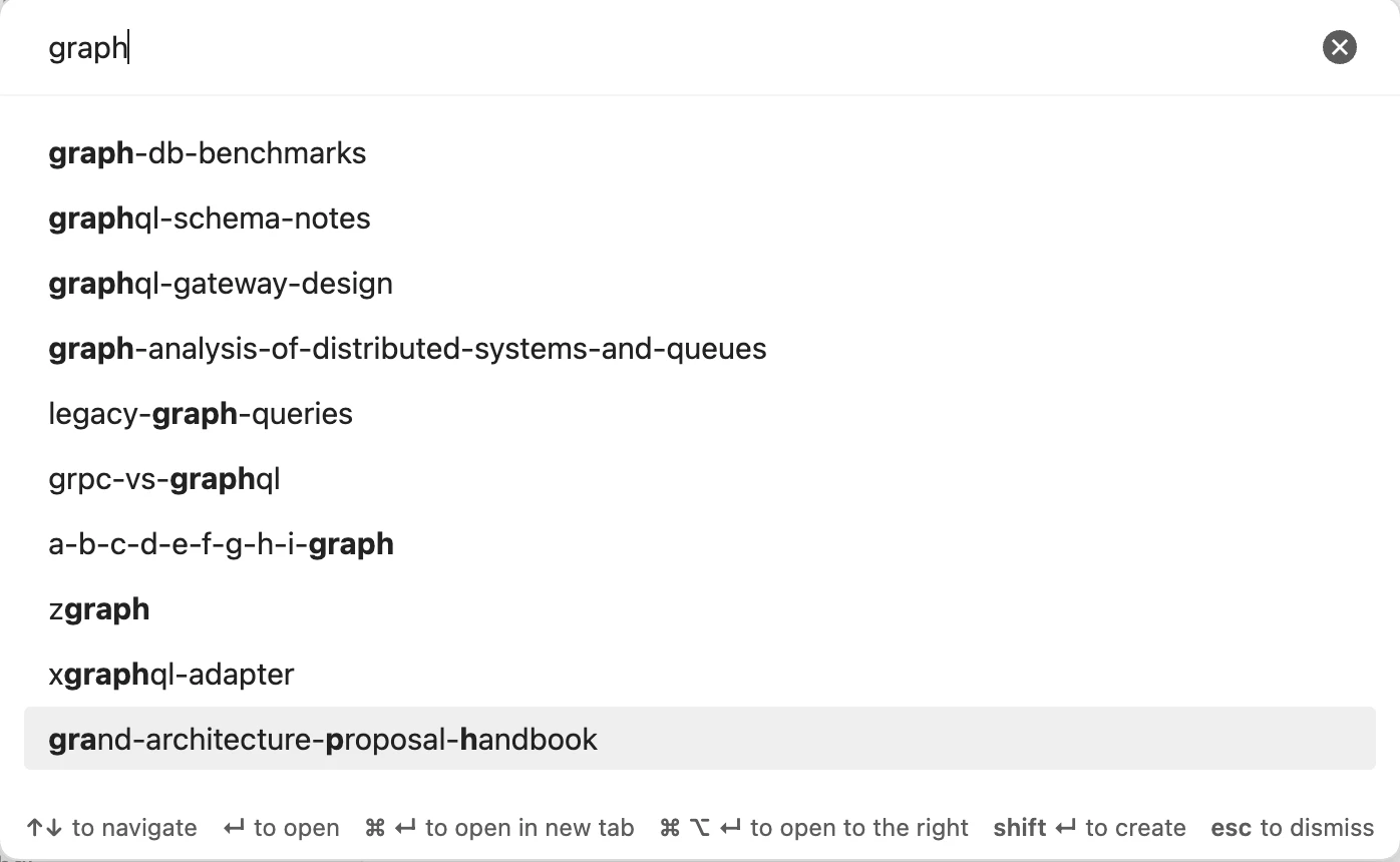 Obsidian quick-switcher search results for graph