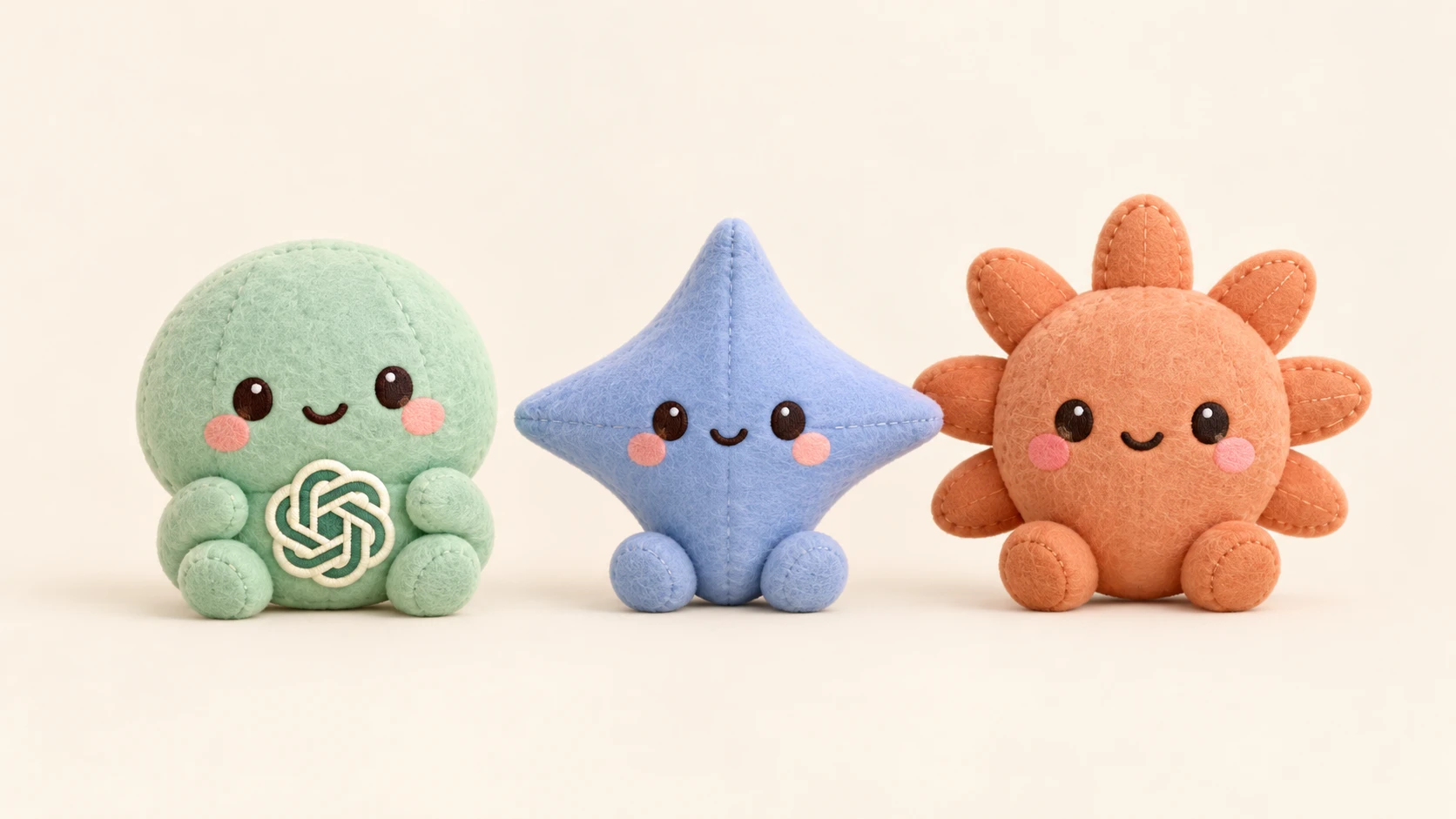 Three plush AI model mascots