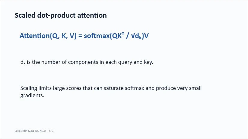 Presentation slide detailing scaled dot-product attention