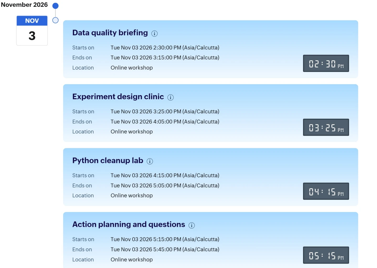 Calendar event details for workshop sessions on November 3