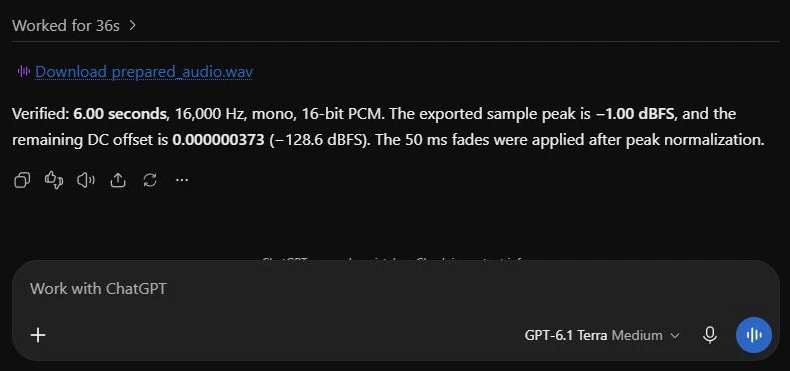 Audio file processing verification summary with technical specifications