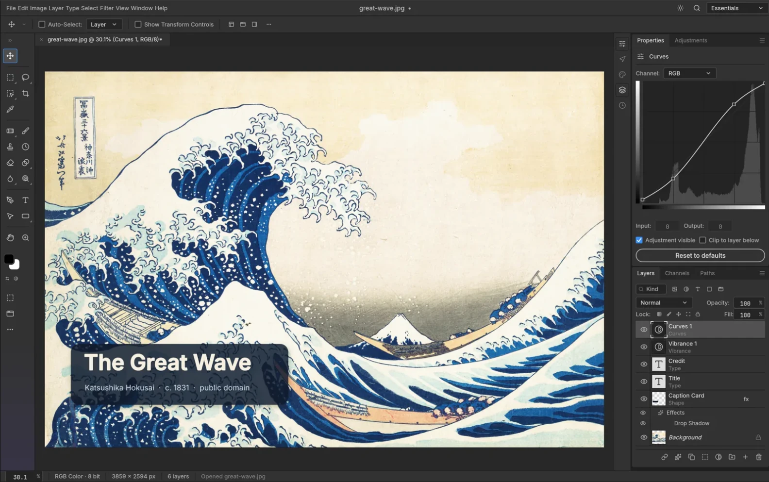 Photo editing interface with layers and curves adjustment