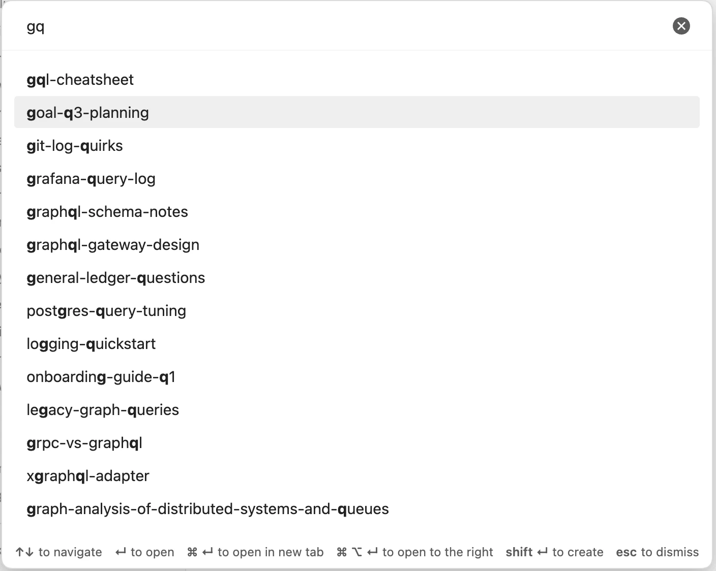 Obsidian quick-switcher search results for gq