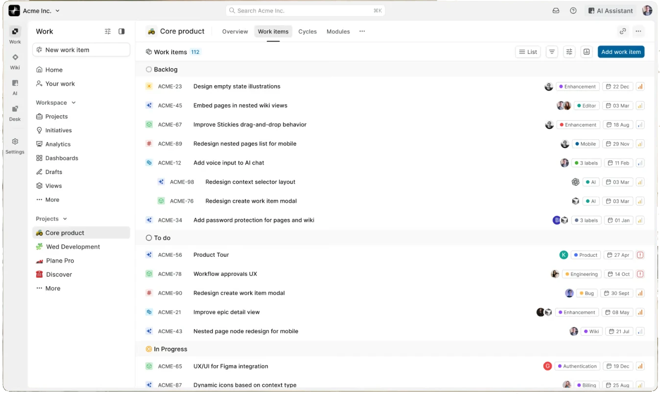 Project management dashboard with backlog and task list