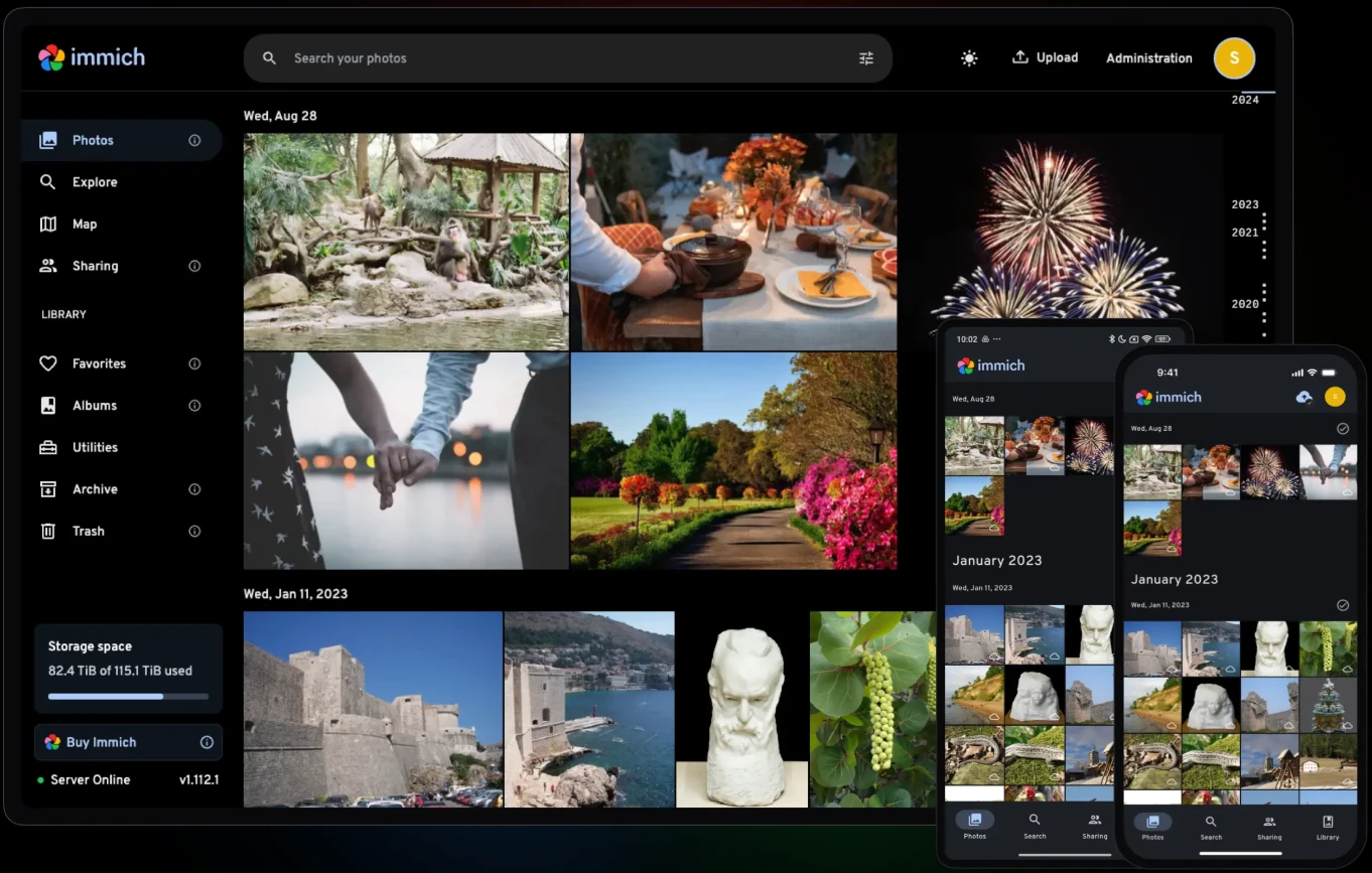 Photo gallery interface on desktop and mobile devices